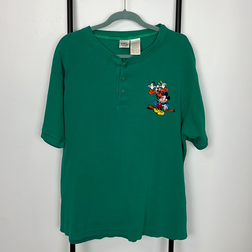 Vintage Disney 90s Mickey Goofy Embroidered Thermal Men T-shirt Henley Neck